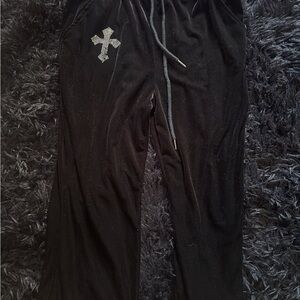 Black Velour Lounge Pants with Rhinestone Cross